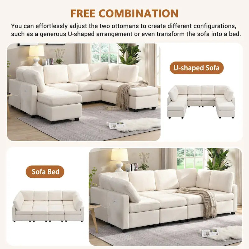 103 Sectional Sofa Couch Sofa Bed U-shaped Sofa with Two Movable Ottoman and Three USB Ports