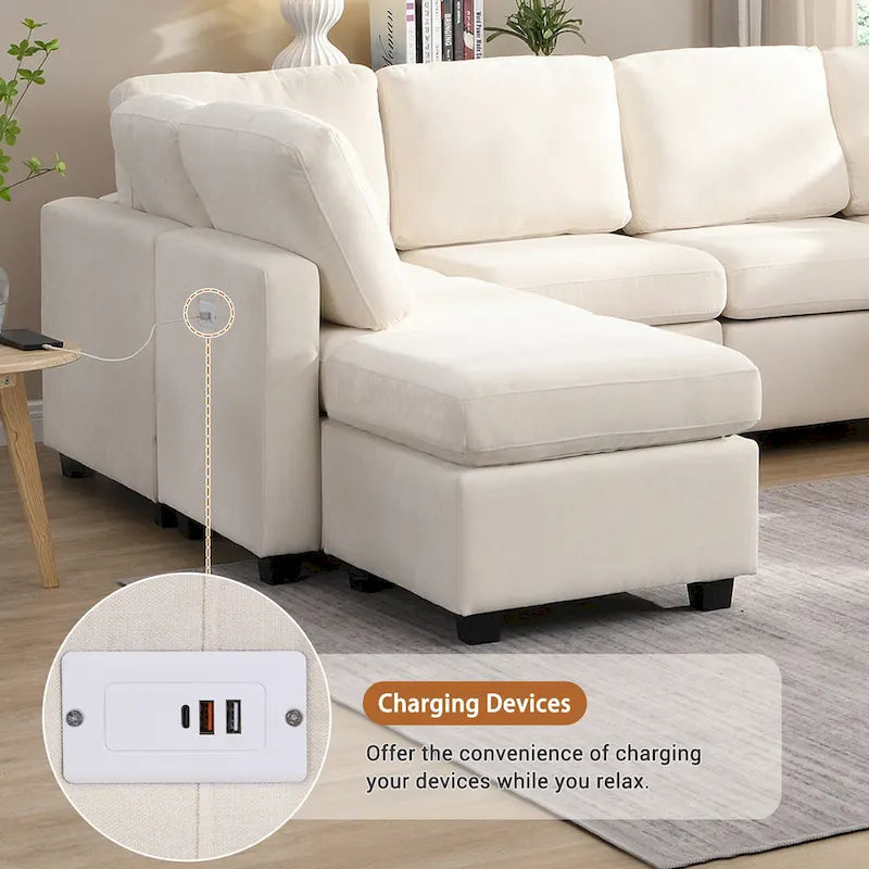 103 Sectional Sofa Couch Sofa Bed U-shaped Sofa with Two Movable Ottoman and Three USB Ports