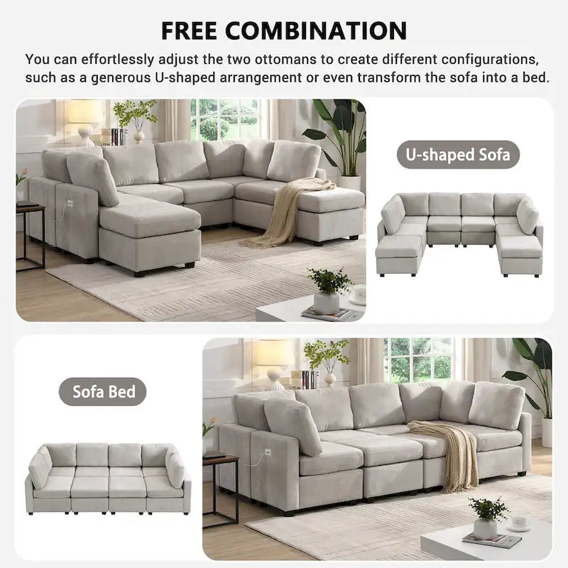 103 Sectional Sofa Couch Sofa Bed U-shaped Sofa with Two Movable Ottoman and Three USB Ports