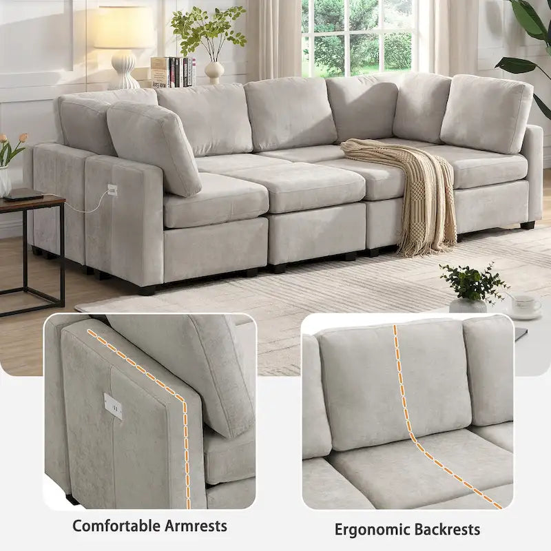 103 Sectional Sofa Couch Sofa Bed U-shaped Sofa with Two Movable Ottoman and Three USB Ports