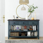 Retro Design Console Table with Two Open Shelves, Pine Solid Wood Frame and Legs for Living Room