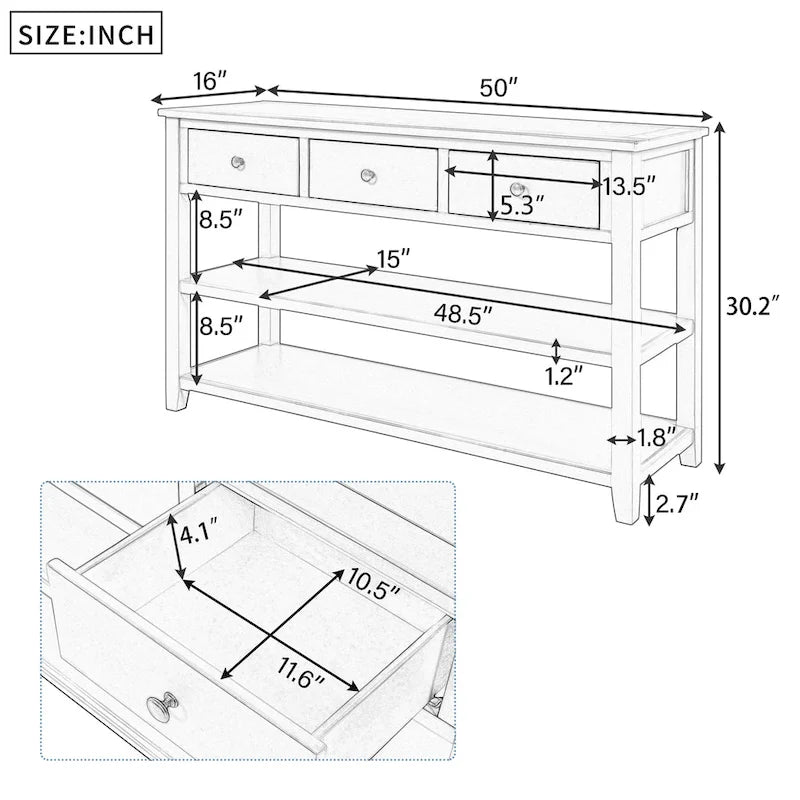 Retro Design Console Table with Two Open Shelves, Pine Solid Wood Frame and Legs for Living Room