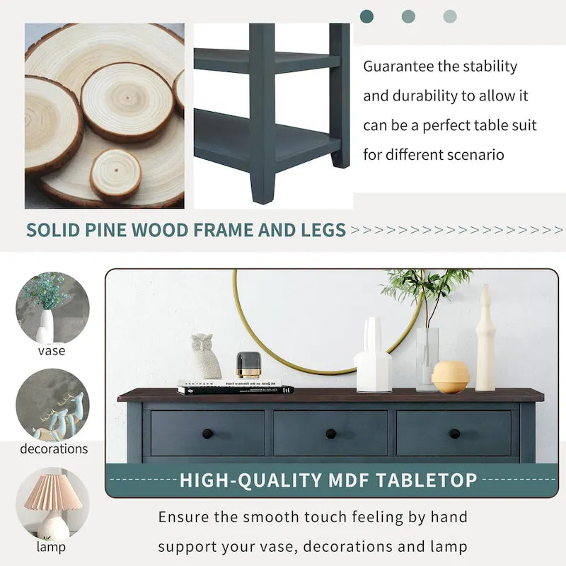 Retro Design Console Table with Two Open Shelves, Pine Solid Wood Frame and Legs for Living Room