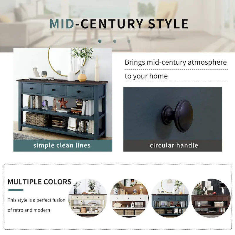 Retro Design Console Table with Two Open Shelves, Pine Solid Wood Frame and Legs for Living Room