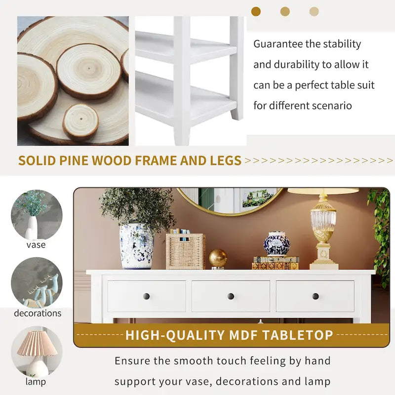 Retro Design Console Table with Two Open Shelves, Pine Solid Wood Frame and Legs for Living Room