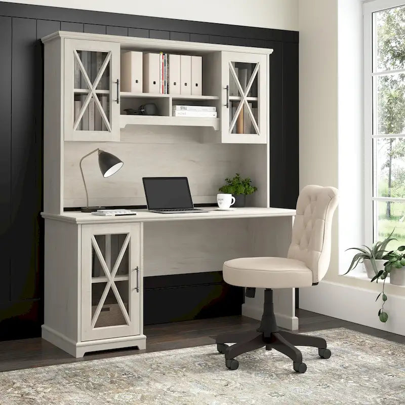 60W Farmhouse Desk with Hutch and Storage - Linen White Oak