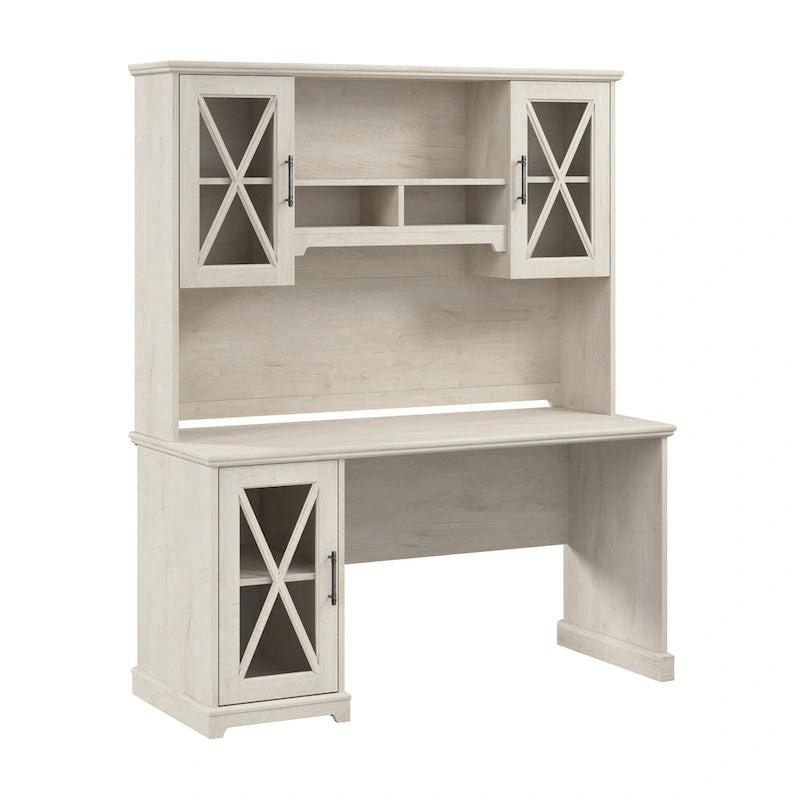 60W Farmhouse Desk with Hutch and Storage - Linen White Oak