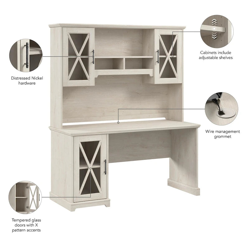60W Farmhouse Desk with Hutch and Storage - Linen White Oak