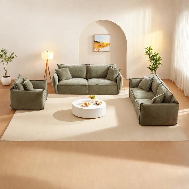3-pieces Linen Modular Sofa Set with 3+3+1 Seater Combo and Wooden Frame & 5 Pillows