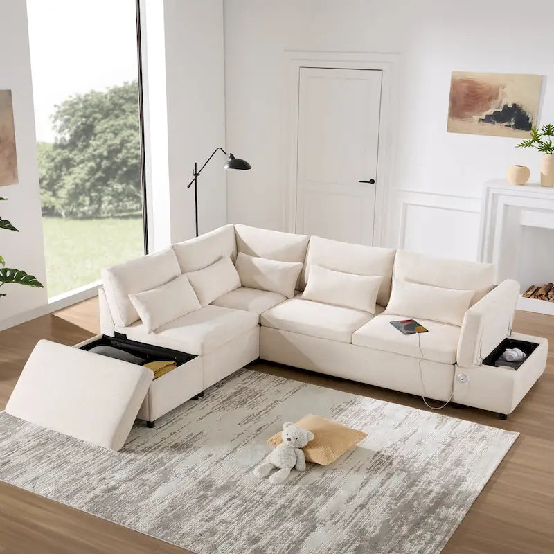 107 Oversized Chenille Modular Sectional Pull-out Sofa, Free Movement Storage Ottoman