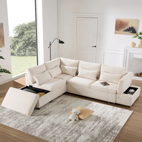 107 Oversized Chenille Modular Sectional Pull-out Sofa, Free Movement Storage Ottoman