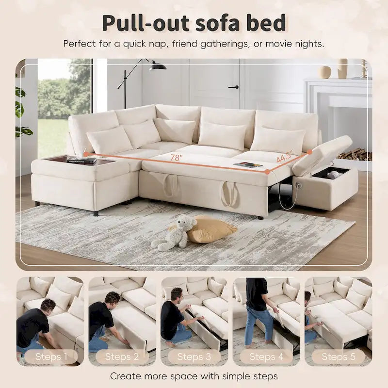 107 Oversized Chenille Modular Sectional Pull-out Sofa, Free Movement Storage Ottoman