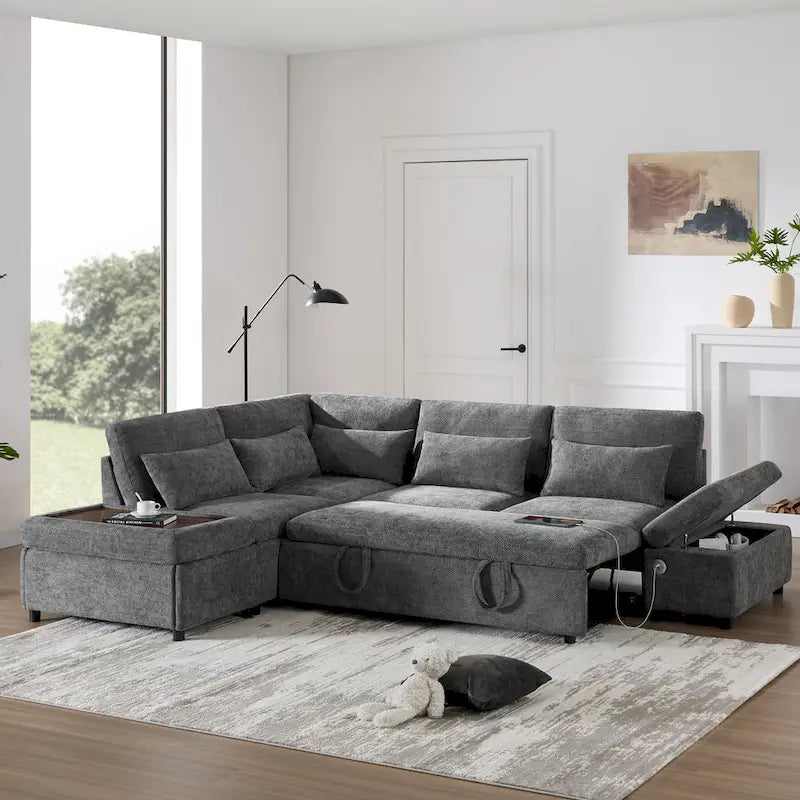 107 Oversized Chenille Modular Sectional Pull-out Sofa, Free Movement Storage Ottoman
