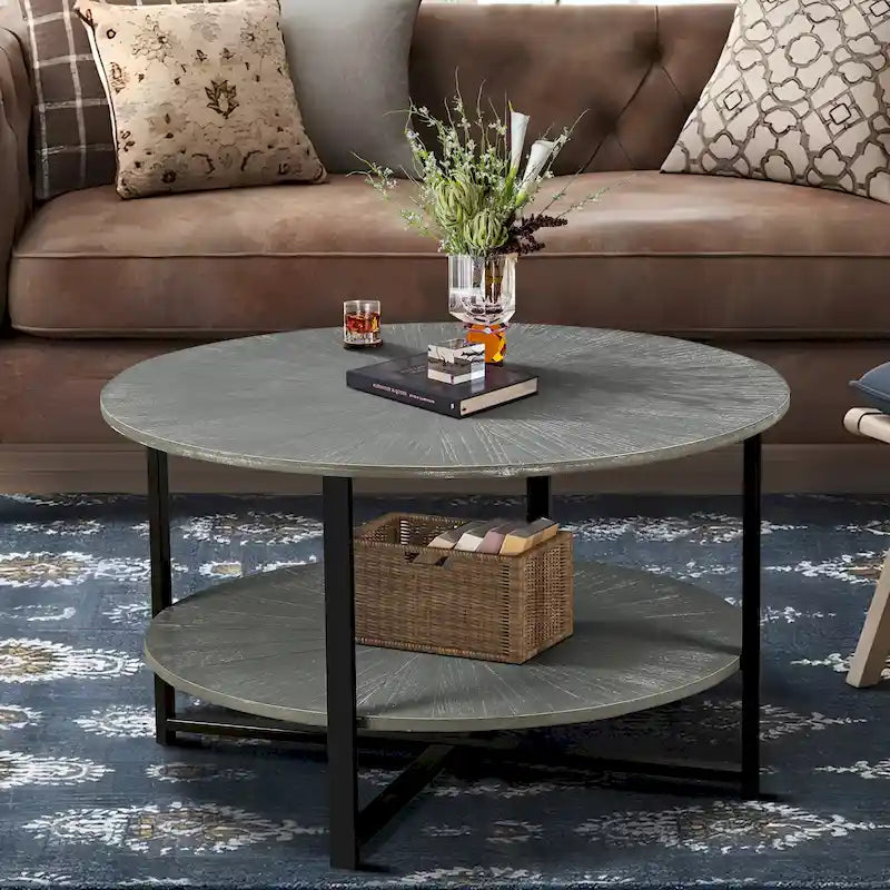 31.5 Farmhouse Round Coffee Table with 2-Tier Storage & Metal Leg