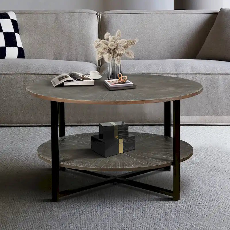 31.5 Farmhouse Round Coffee Table with 2-Tier Storage & Metal Leg