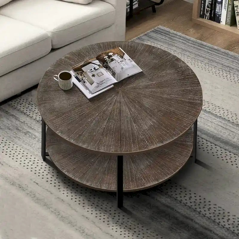 31.5 Farmhouse Round Coffee Table with 2-Tier Storage & Metal Leg