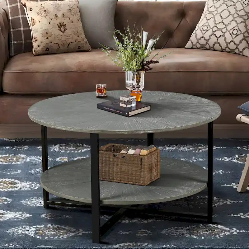 31.5 Farmhouse Round Coffee Table with 2-Tier Storage & Metal Leg