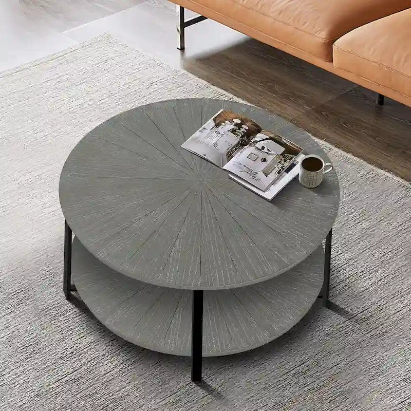 31.5 Farmhouse Round Coffee Table with 2-Tier Storage & Metal Leg