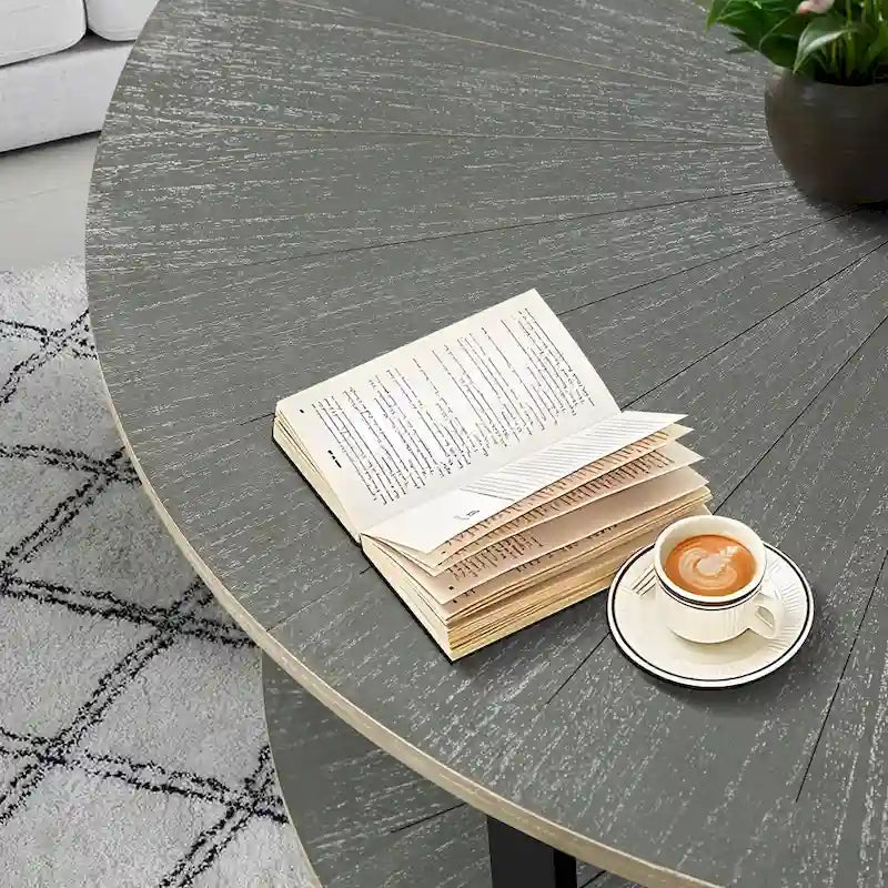 31.5 Farmhouse Round Coffee Table with 2-Tier Storage & Metal Leg