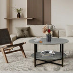 31.5 Farmhouse Round Coffee Table with 2-Tier Storage & Metal Leg