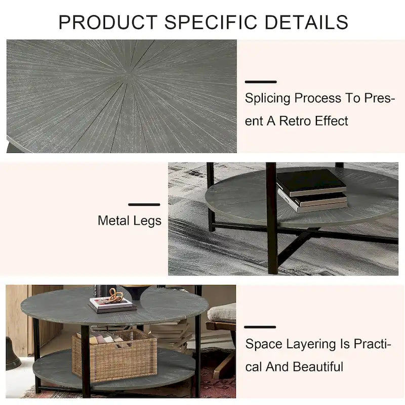 31.5 Farmhouse Round Coffee Table with 2-Tier Storage & Metal Leg