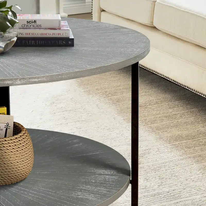 31.5 Farmhouse Round Coffee Table with 2-Tier Storage & Metal Leg
