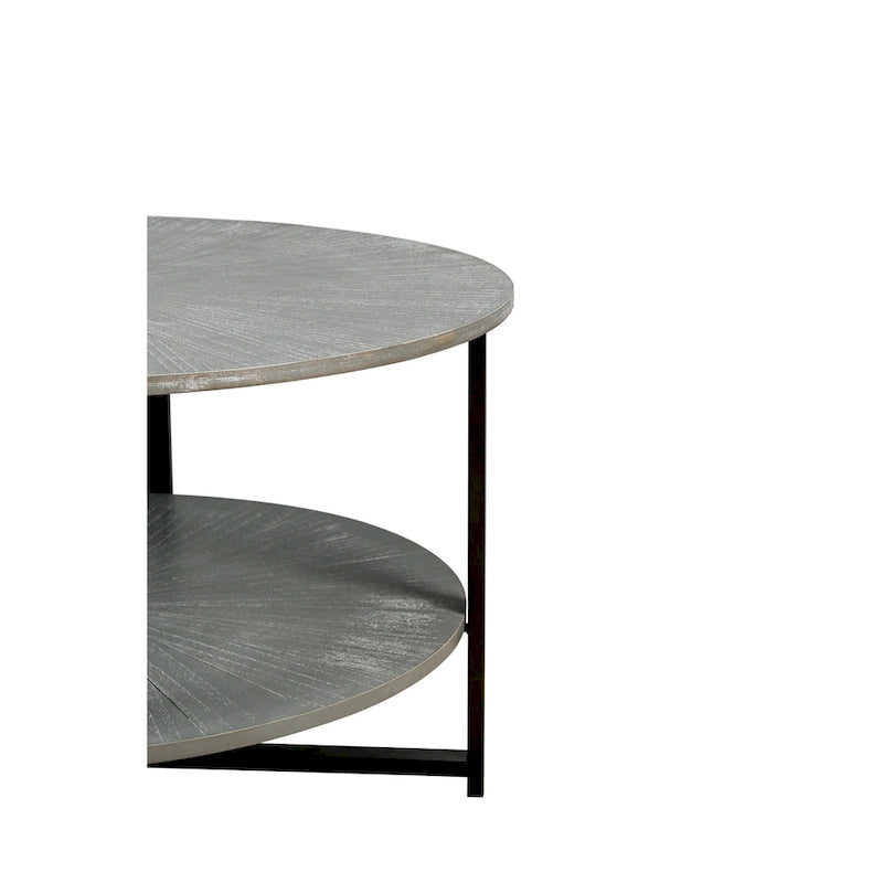 31.5 Farmhouse Round Coffee Table with 2-Tier Storage & Metal Leg