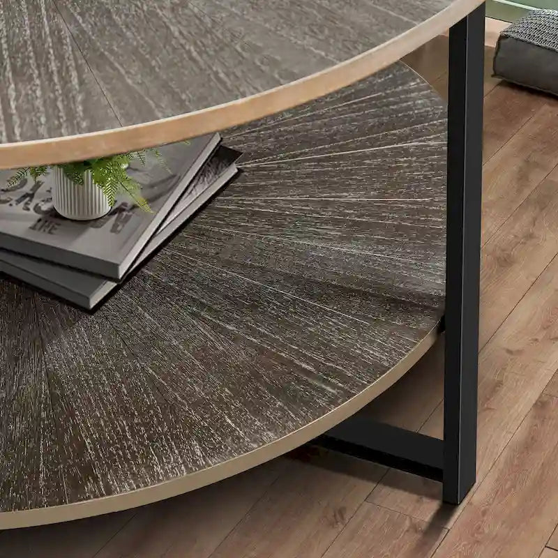 31.5 Farmhouse Round Coffee Table with 2-Tier Storage & Metal Leg