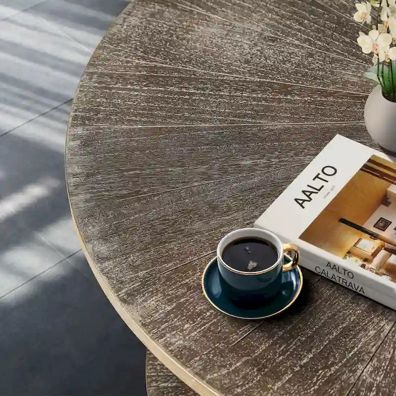 31.5 Farmhouse Round Coffee Table with 2-Tier Storage & Metal Leg