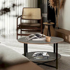 31.5 Farmhouse Round Coffee Table with 2-Tier Storage & Metal Leg