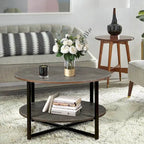 31.5 Farmhouse Round Coffee Table with 2-Tier Storage & Metal Leg