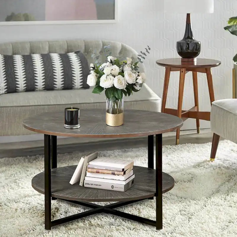 31.5 Farmhouse Round Coffee Table with 2-Tier Storage & Metal Leg