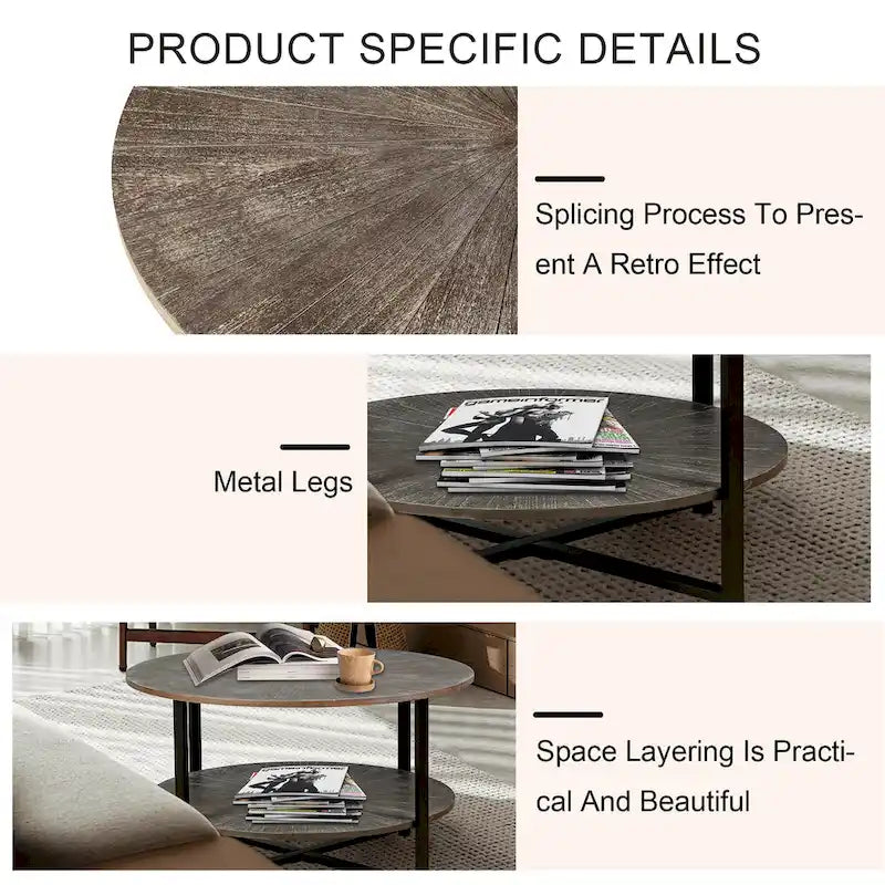 31.5 Farmhouse Round Coffee Table with 2-Tier Storage & Metal Leg