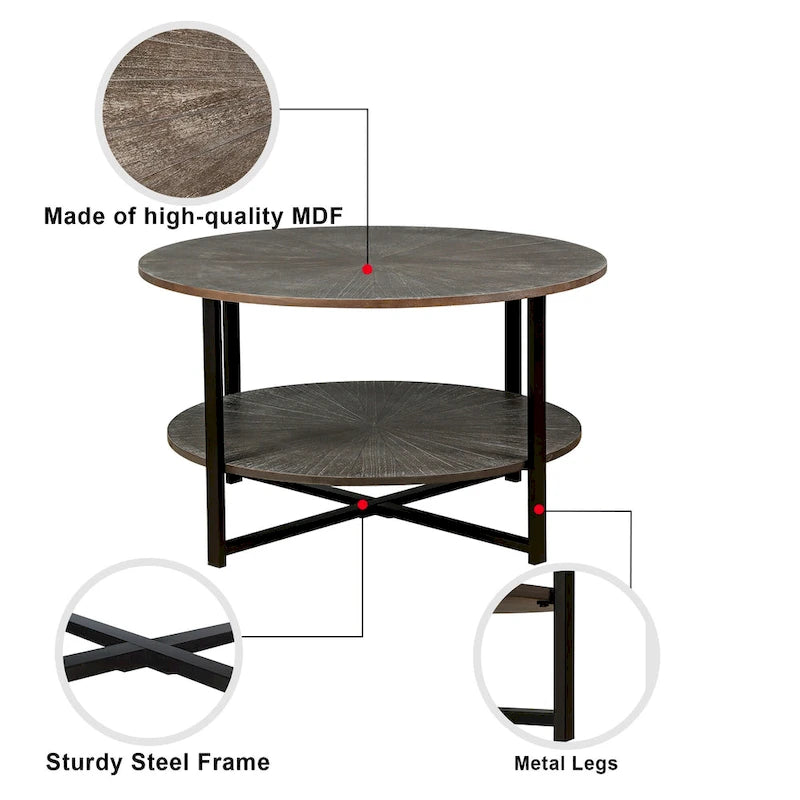 31.5 Farmhouse Round Coffee Table with 2-Tier Storage & Metal Leg
