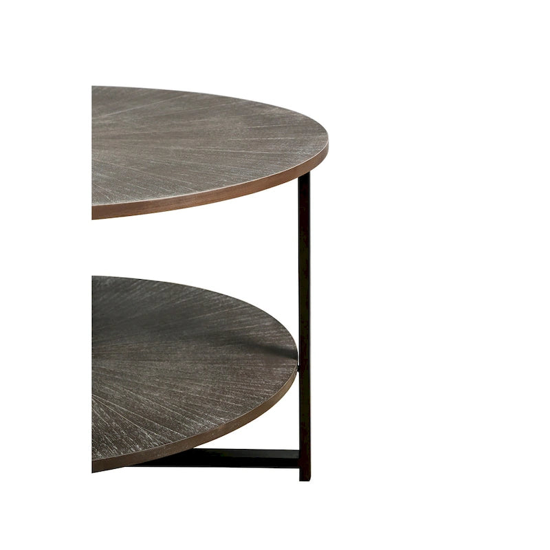 31.5 Farmhouse Round Coffee Table with 2-Tier Storage & Metal Leg