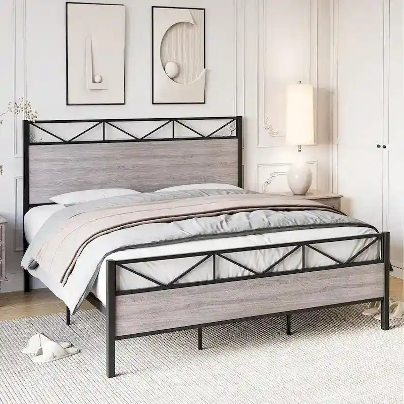 Bed Frame with Headboard, Industrial Platform Queen Bed Frame with 14 Strong Metal Slats Support