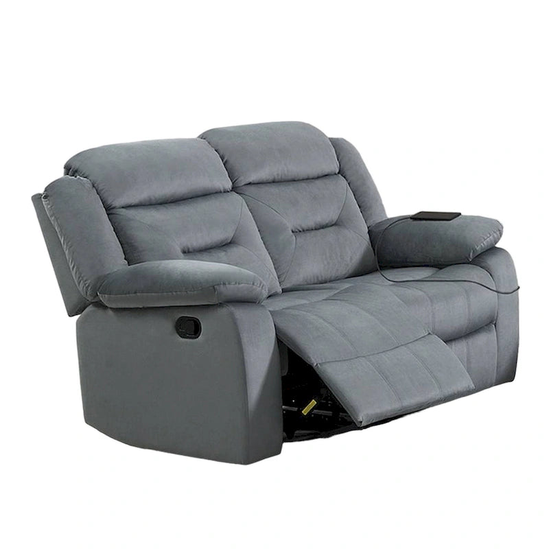 Manual Recliner Loveseat, Light Gray Velvet, Solid Wood, 60 Inch