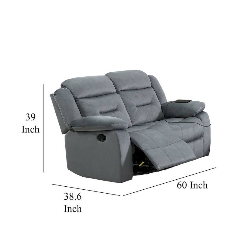 Manual Recliner Loveseat, Light Gray Velvet, Solid Wood, 60 Inch