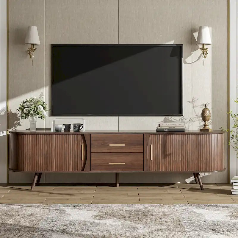 Mid-Century Modern TV Stand for 80 TV, Entertainment Center with Storage Media Console Table with 2 Drawers