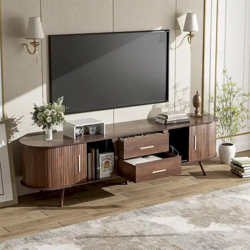 Mid-Century Modern TV Stand for 80 TV, Entertainment Center with Storage Media Console Table with 2 Drawers