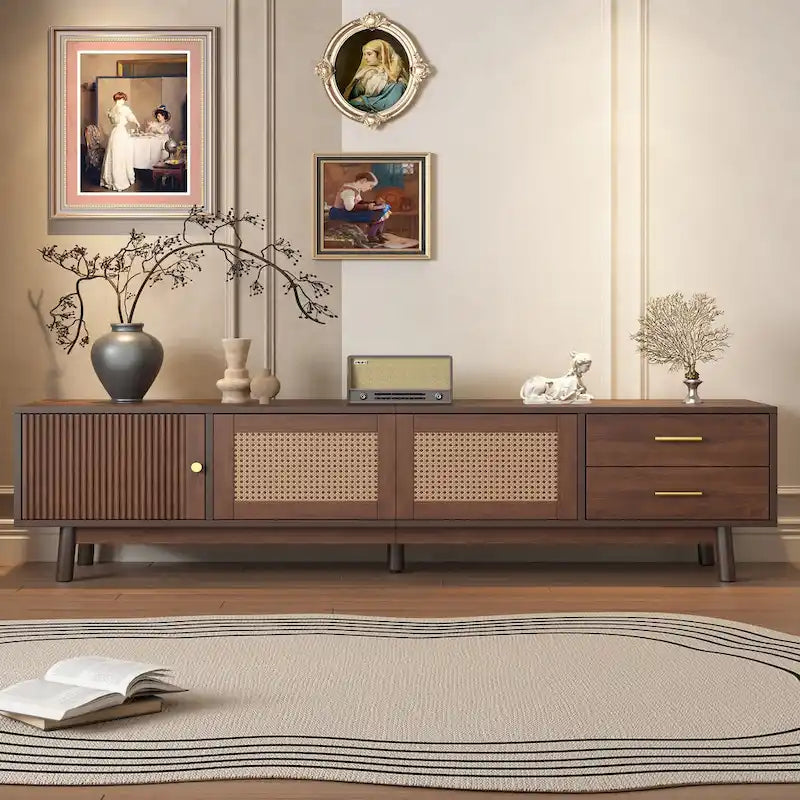 Mid-Century Modern TV Stand for 80 TV, Entertainment Center with Storage Media Console Table with 2 Drawers