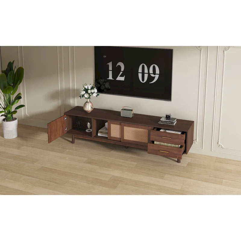 Mid-Century Modern TV Stand for 80 TV, Entertainment Center with Storage Media Console Table with 2 Drawers