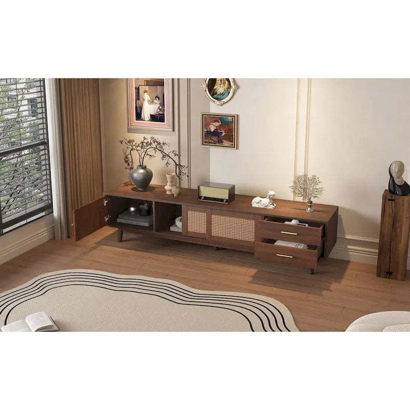 Mid-Century Modern TV Stand for 80 TV, Entertainment Center with Storage Media Console Table with 2 Drawers