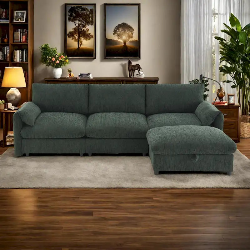 96.5 Chenille L-Shaped Sectional Sofa with Storage Ottoman, Adjustable Phone Holder, USB Charger and Armrest Storage Pockets