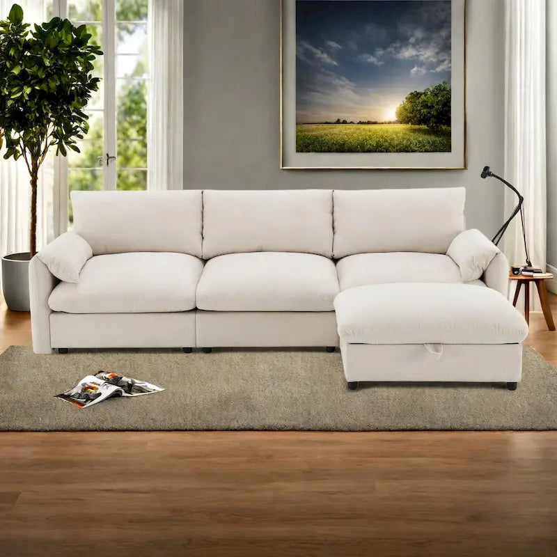 96.5 Chenille L-Shaped Sectional Sofa with Storage Ottoman, Adjustable Phone Holder, USB Charger and Armrest Storage Pockets