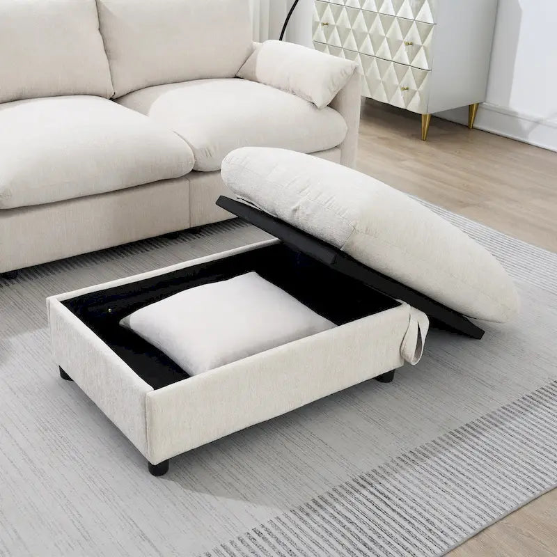 96.5 Chenille L-Shaped Sectional Sofa with Storage Ottoman, Adjustable Phone Holder, USB Charger and Armrest Storage Pockets