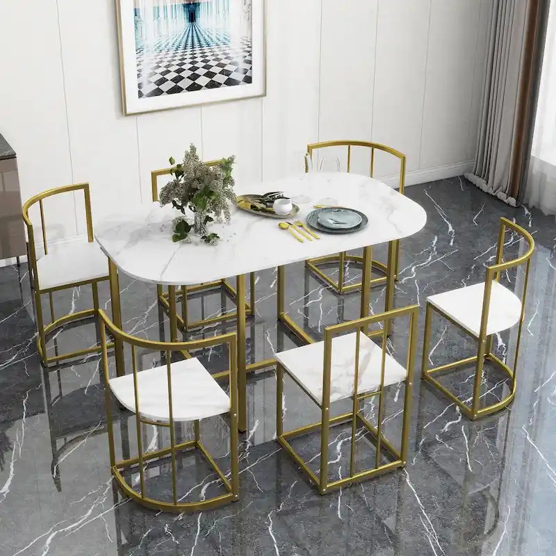 7-Piece Metal Frame Dining Table Set with Half-Round Table & 6 Chairs