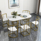 Golden+White 7-Piece Metal Frame Dining Table Set with Half-Round Table & 6 Chairs