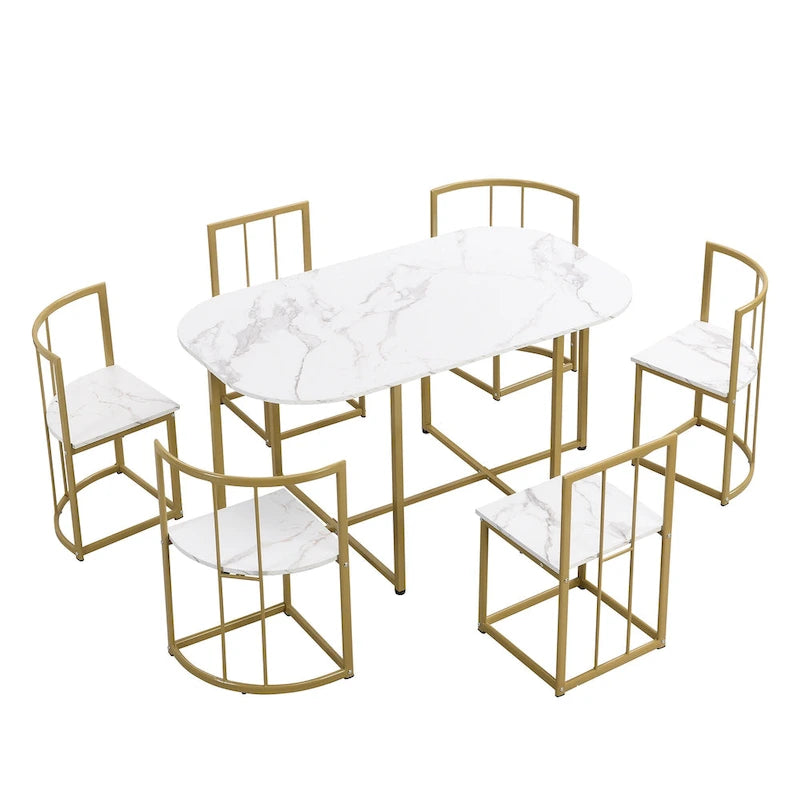 7-Piece Metal Frame Dining Table Set with Half-Round Table & 6 Chairs