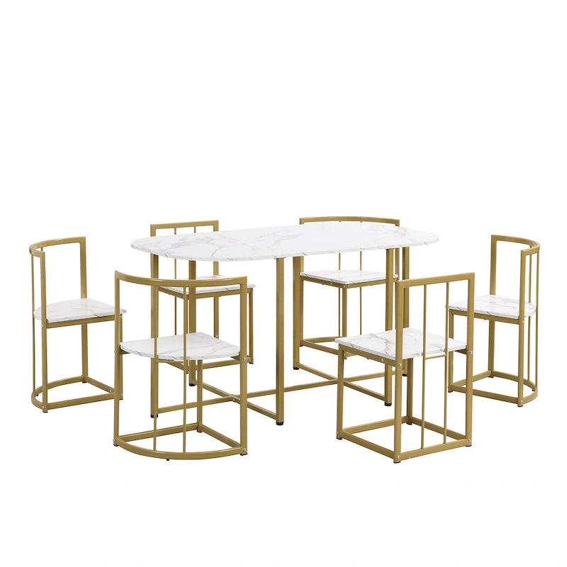7-Piece Metal Frame Dining Table Set with Half-Round Table & 6 Chairs